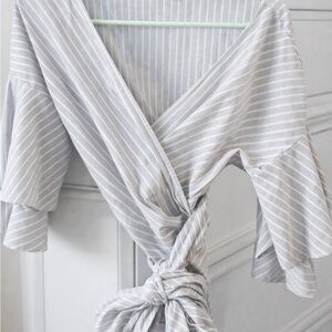 WAYF Gray & White Stripe Wrap Top – Size Medium – Flowy Bell Sleeves
